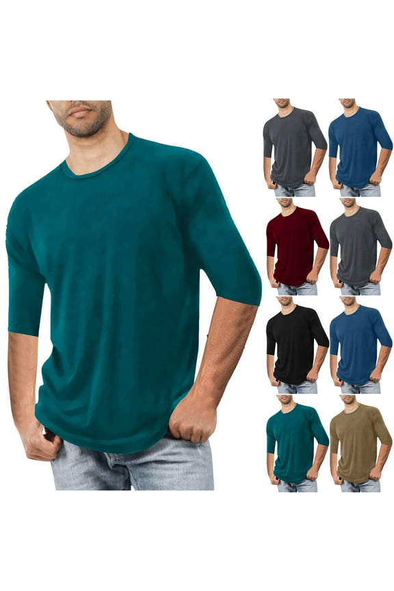 Men's 3/4 Sleeve Shirt Summer Casual Crew Neck T-Shirts Fall Baseball Shirts Plus Size Solid Loose Fit Tee Tops Red