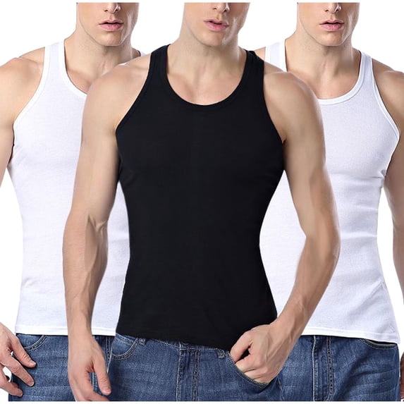 FRSASU Men's 3 Pack Cotton Tank Tops Crew Neck Sleeveless Basic Solid Undershirts Essential Classic Layered Muscle Vest Shirt Gold