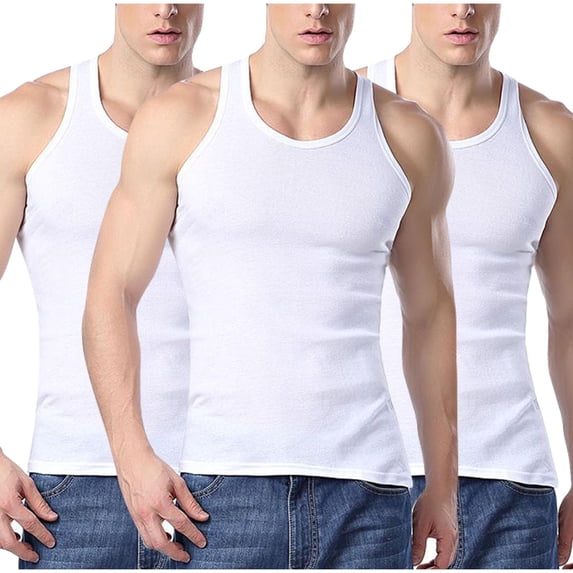 FRSASU Men's 3 Pack Cotton Tank Tops Crew Neck Sleeveless Basic Solid Undershirts Essential Classic Layered Muscle Vest Shirt White
