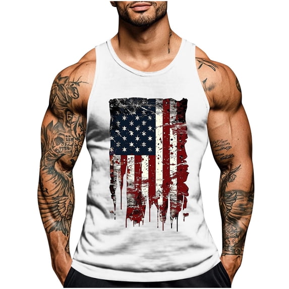 FRSASU Men's American Flag Tank Tops 1776 4th of July Shirts Casual Sleeveless Gym Workout Tanks USA Flag Patriotic T-Shirts White