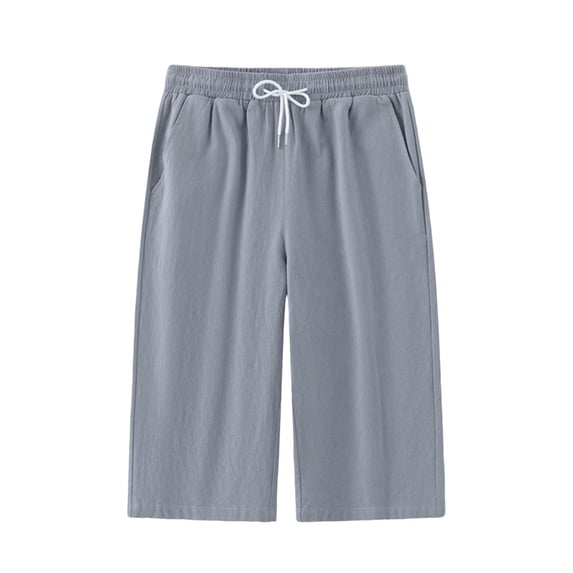 FRSASU Men's Baggy Capri Pants Below Knee Solid Cotton Summer Drawstring Pants with Pockets Gray