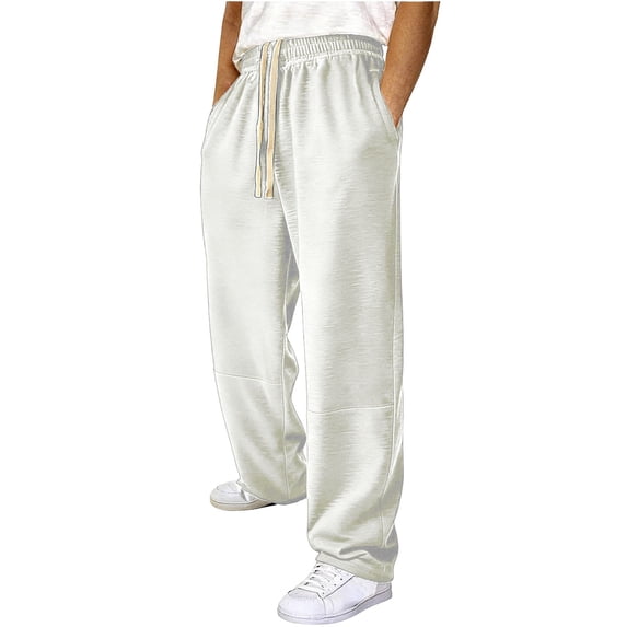 FRSASU Men's Baggy Loose Fit Raw Hem Sweatpants Drawstring Waist Straight Leg Long Sports Track Pants with Pockets White