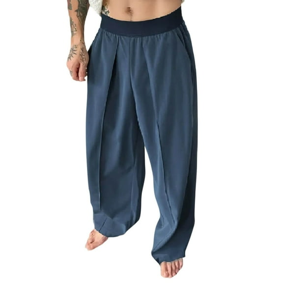 FRSASU Men's Baggy Wide Leg Pants Fly Pleated Elastic Waisted Trousers Business Casual Dress Pants Blue