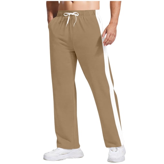 FRSASU Men's Baggy Wide Leg Sweatpants Side Striped Patchwork Drawstring Track Pants with Pockets Khaki