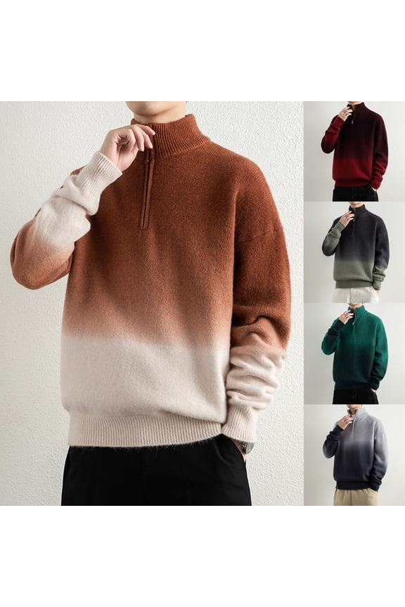 Men's Big Tall Quarter Zip Sweater Mock Neck Wool Gradient Pullover Sweaters Fall Winter Casual Knit Pullovers Red