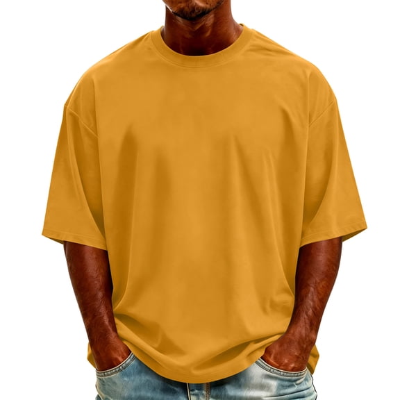 FRSASU Men's Big and Tall Shirts Cotton Crew Neck Tops Short Sleeve Oversized Pullovers Casual Loose Tops Solid Color Tee Yellow-A