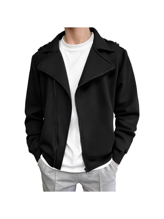 Men's Biker Style Moto Jacket Lapel Collar Asymmetric Diagonal Zipper Lightweight Long Sleeve Casual Knit Coat Black