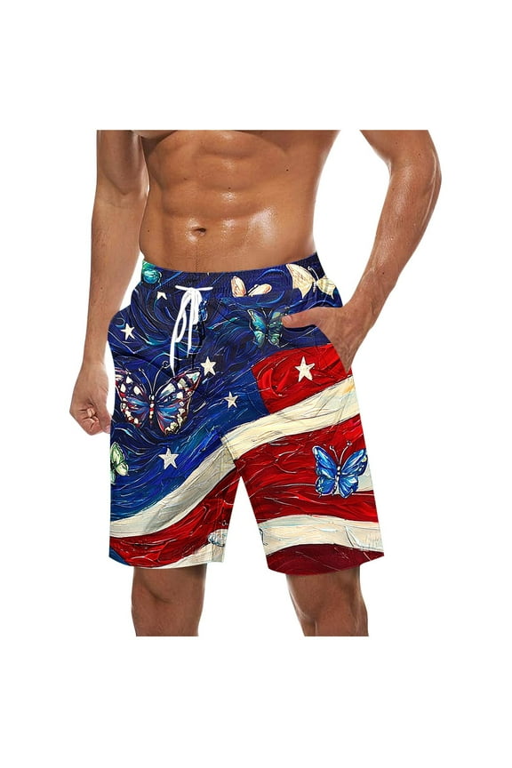 Men's Board Shorts, American Flag Graphics Quick Dry Swimwear Beach Holiday Party Bermuda Swim Big Pants Blue