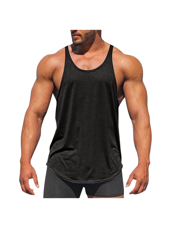 Men's Bodybuilding Stringer Tank Tops Quick Dry Athletic Workout T Shirts Sleeveless Muscle Fitness Tees Black