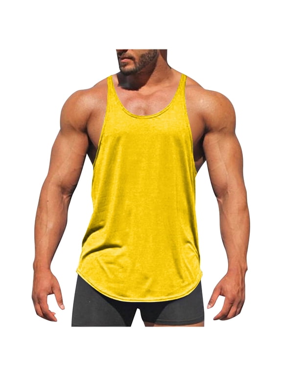 Men's Bodybuilding Stringer Tank Tops Quick Dry Athletic Workout T Shirts Sleeveless Muscle Fitness Tees Yellow