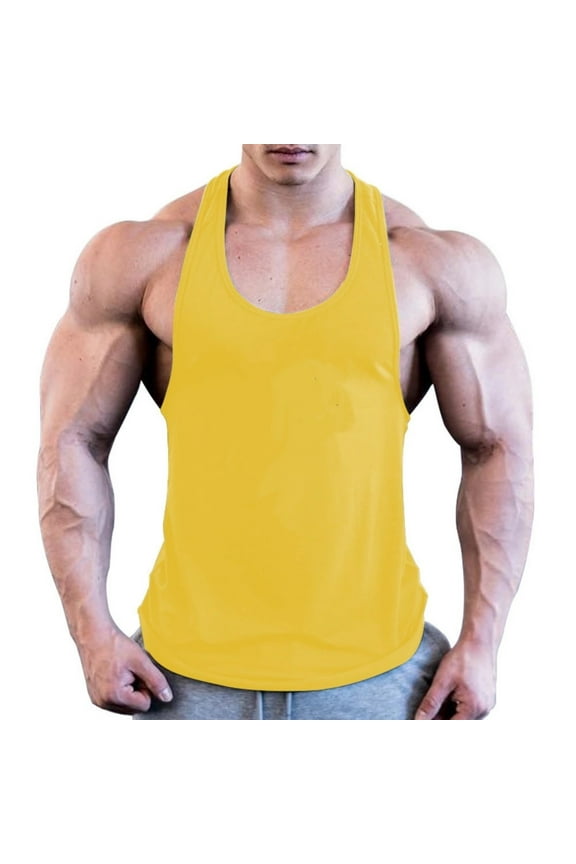 Men's Bodybuilding Stringer Tank Tops Workout Gym Shirt Y-Back Muscle Fitness Athletic Stretch Cool Quick Dry Ice Silk Top Yellow
