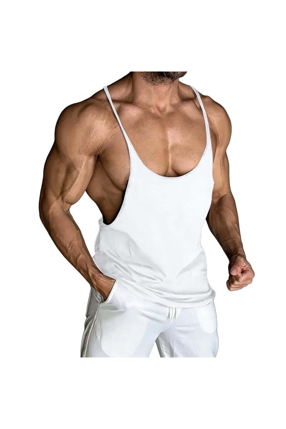 Men's Bodybuilding Stringer Tank Tops Y-Back Gym Fitness Workout Training Running Athletic Quick Dry Tops White