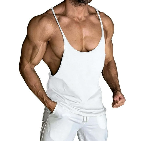 FRSASU Men's Bodybuilding Stringer Tank Tops Y-Back Gym Fitness Workout Training Running Athletic Quick Dry Tops White