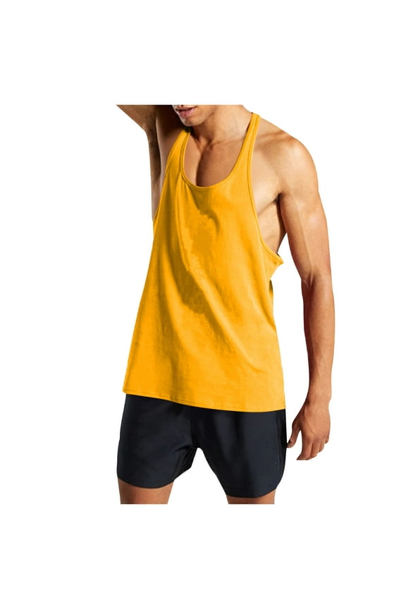 Men's Bodybuilding Stringer Tank Tops Y-Back Gym Fitness Workout Training Running Cotton T-Shirts Athletic Quick Dry Top Yellow