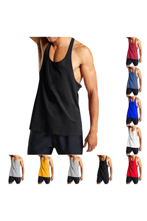Men's Bodybuilding Stringer Tank Tops Y-Back Gym Fitness Workout Training Running Cotton T-Shirts Athletic Quick Dry Top Yellow