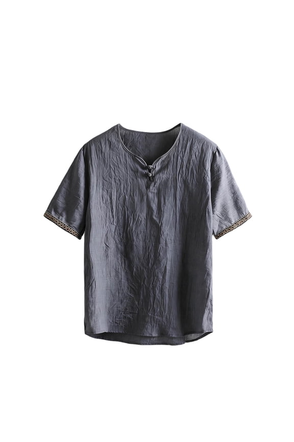 Men's Boho Cotton Linen Shirt Short Sleeve Loose Ethnic Style Tee Casual Summer Beach Lightweight Vintage V-Neck T-shirts Gray