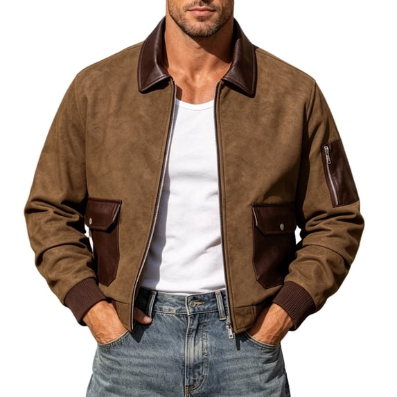 FRSASU Men's Bomber Zip Up Jacket Lightweight Color Block Lapel with Pockets Breathable Windproof Work office Fall Jackets Brown