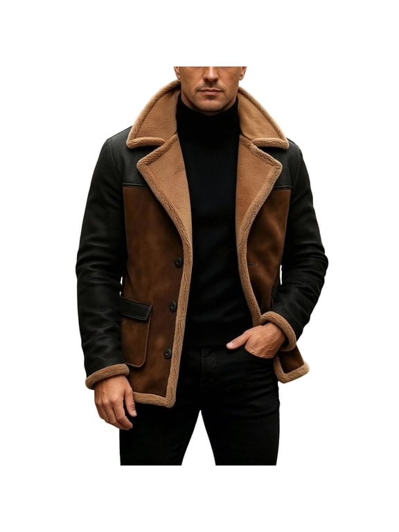 Men's Brown Shearling Aviator Coat Warm Leather Bomber Trench Coat with Faux Fur Lining Brown