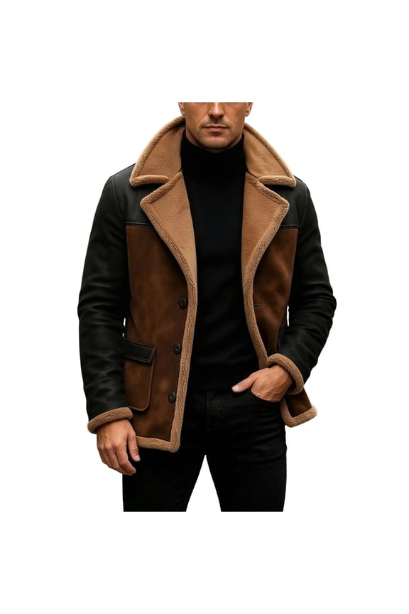 Men's Brown Shearling Aviator Coat Warm Leather Bomber Trench Coat with Faux Fur Lining Brown