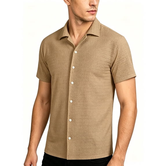 FRSASU Men's Button Down T-Shirts Casual Short Sleeve Super Stretch Wrinkle Free Comfortable Dress Shirt Khaki