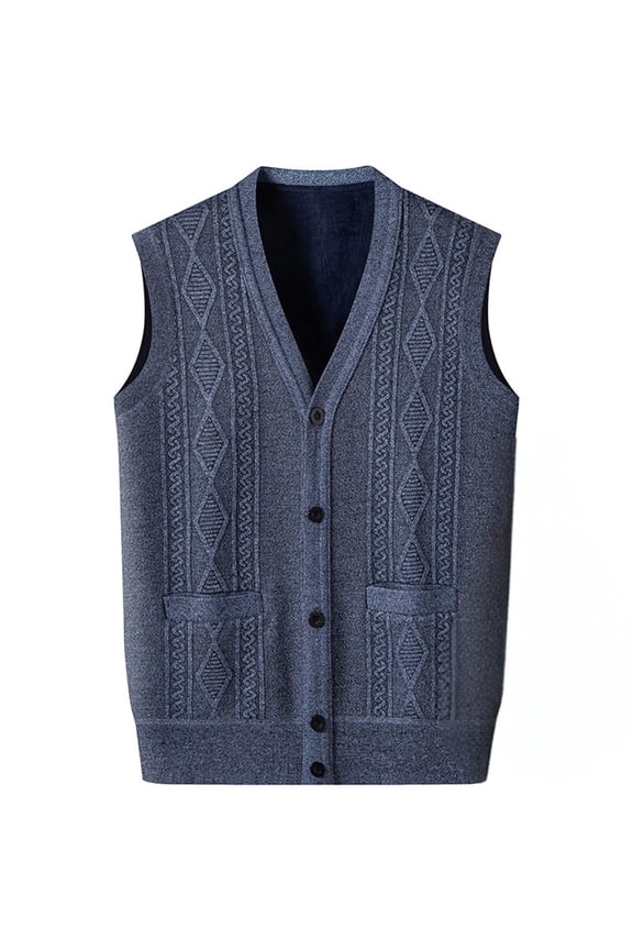 Men's Button Down Textured Sleeveless Cardigan V Neck Casual Fleece Lined Argyle Sweater Vest Knitwear Warm Waistcoat with Pockets Gray