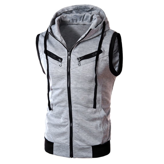 FRSASU Men's Cardigan Pocket Hooded Pure Color T-shirt Sleeveless Top Blouse Gray XXXXL