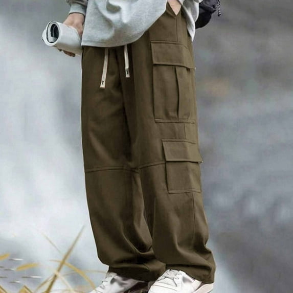 FRSASU Men's Cargo Long Pants Casual Solid Color Elastic Waist Trousers Versatile Pockets Wide Leg Pants Outdoor Army Green