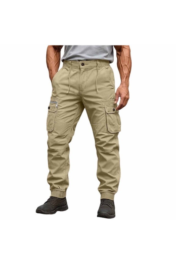 Men's Cargo Pants Quick Dry Climb Mountains Tapered Slacks Workout Joggers Stretch Sport Feet Bind Trousers with Pockets Khaki