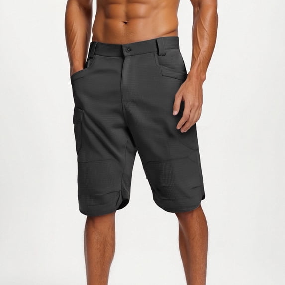 FRSASU Men's Cargo Work Shorts Quick Dry 3/4 Length Capri Pants Multi-pockets Knee Length Trousers Summer Board Beach Shorts Black