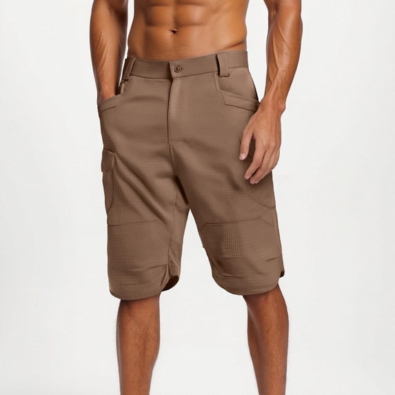 FRSASU Men's Cargo Work Shorts Quick Dry 3/4 Length Capri Pants Multi-pockets Knee Length Trousers Summer Board Beach Shorts Brown