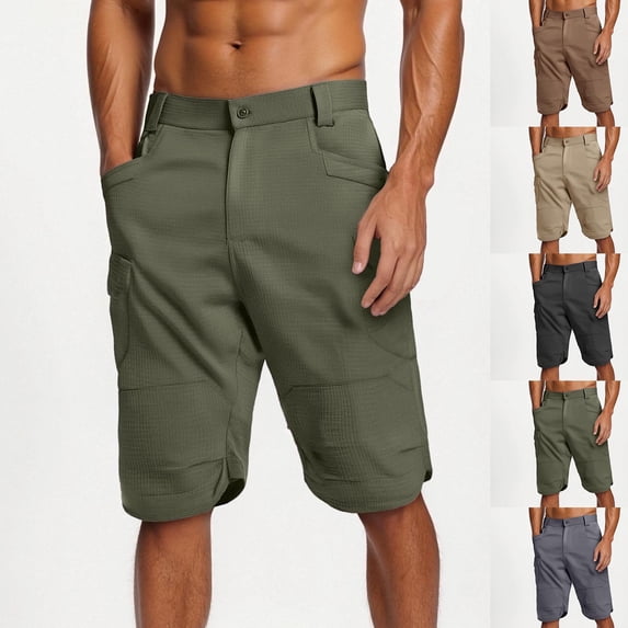 FRSASU Men's Cargo Work Shorts Quick Dry 3/4 Length Capri Pants Multi-pockets Knee Length Trousers Summer Board Beach Shorts Khaki
