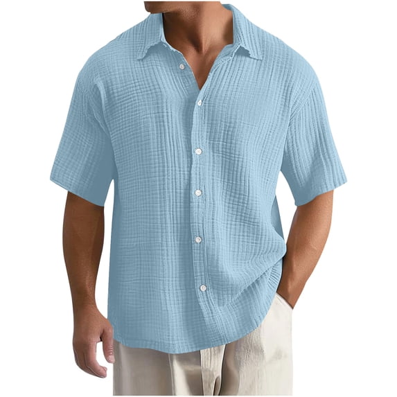FRSASU Men's Casual Button Down Textured Shirts Short Sleeve Summer Beach Untucked Shirt Lightweight Vacation Holiday Tops Sky Blue