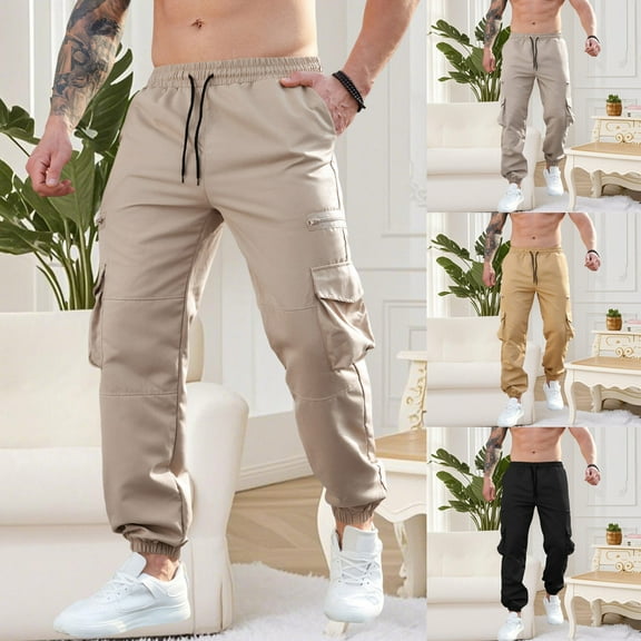 FRSASU Men's Casual Cargo Joggers Pants Stretch Elastic Waist Drawstring Tapered Sweatpants with Pockets Yellow