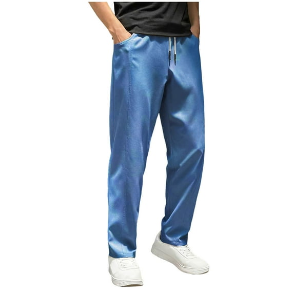 FRSASU Men's Casual Chino Pants Relaxed Fit Drawstring Elastic Waist Lightweight Pant Twill Flat Front Dress Trousers Blue