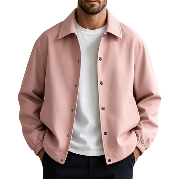 FRSASU Men's Casual Coach Jacket Snap Button Closure Collared Loose Fit Lightweight Windbreaker Outerwear Pink