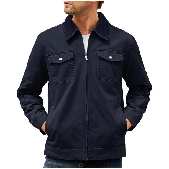 FRSASU Men's Casual Colorblock Lapel Workwear Jacket Long Sleeve Full-Zip Coat Style Warm Thick Jacket with Pockets Blue