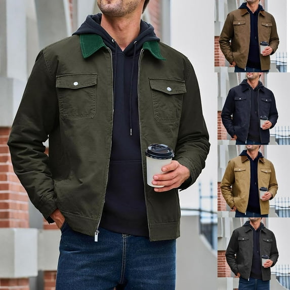 FRSASU Men's Casual Colorblock Lapel Workwear Jacket Long Sleeve Full-Zip Coat Style Warm Thick Jacket with Pockets Khaki