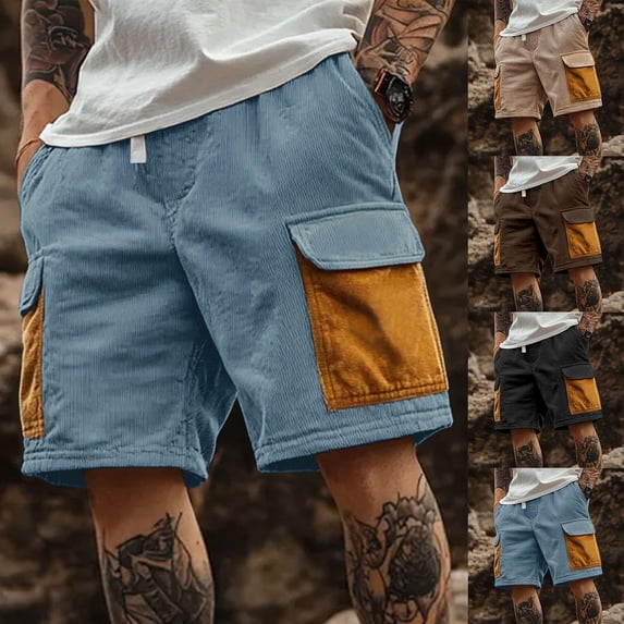 FRSASU Men's Casual Corduroy Shorts Lightweight Elastic Waist Drawstring Summer Beach Shorts with Multi-Pockets Light Blue