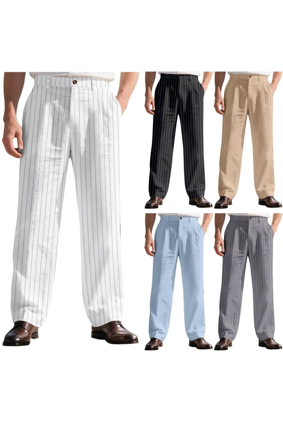 Men's Casual Cotton Linen Suit Pants Simple stripes Printed Relaxed Fit Flat Front Expandable Waist Trousers White