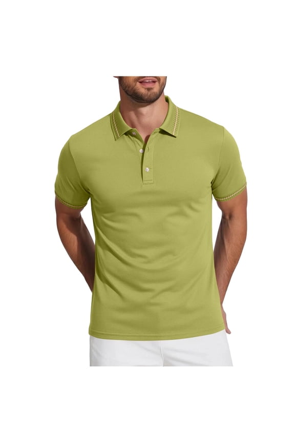 Men's Casual Cotton Polo Shirt Summer Short Sleeve Crew Neck Solid Color Collar Pullover Tops Green