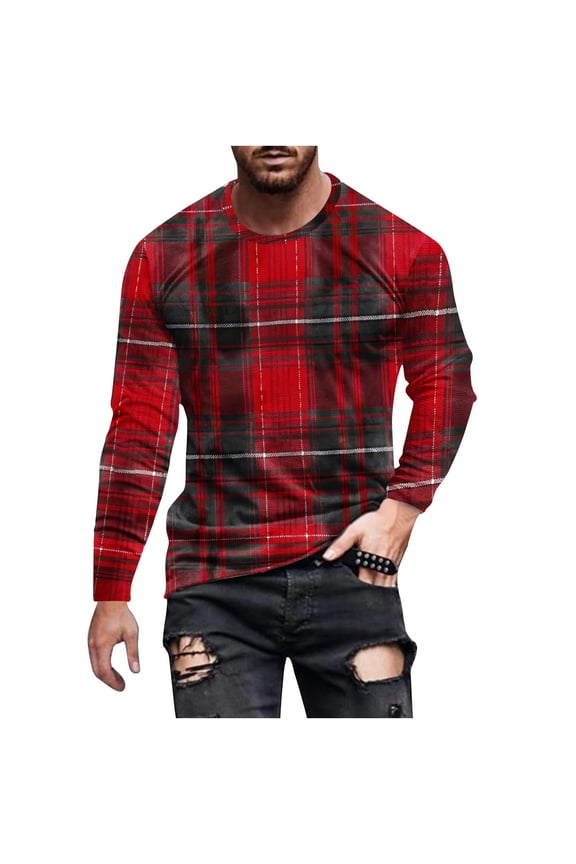 Men's Casual Crewneck Long Sleeve Plaid Shirt Lightweight Gym Training Color Block Soft Pullover Tops Red-M