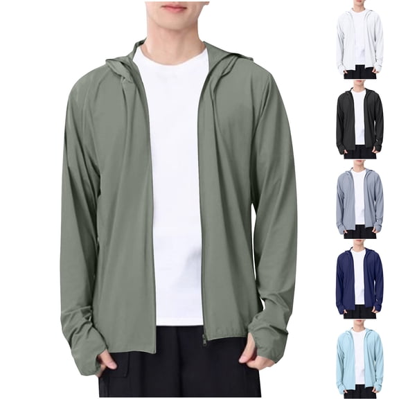 FRSASU Men's Casual Fashion Light Jacket Full Zip Sun Protection Hoodie Drawstring Long Sleeve Shirts Fishing Hiking Athletic Running Navy