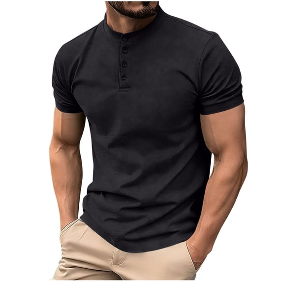 FRSASU Men's Casual Henley T-Shirt Short Sleeve Basic Shirts Summer Soft Outdoor Button Workout Running Gym Tee Tops Black