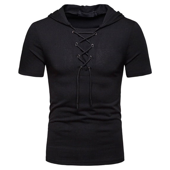 FRSASU Men's Casual Lace Up T-Shirts Retro V-Neck Hoodie Short Sleeve Outdoor Sports Hooded Pullover Tee Black