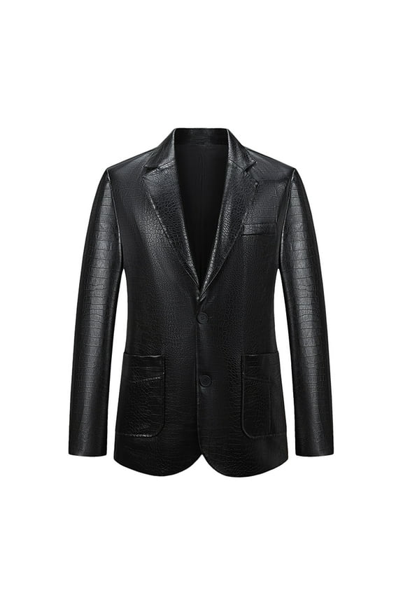 Men's Casual Lapel Collar 2 Button Slim Motorcycle Leather Blazer Slim Fit Suit Jacket Black
