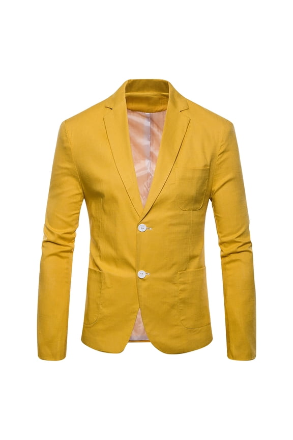 Men's Casual Lapel Collar Single-Breasted Two Button Slim Blazer Suit Jacket Yellow