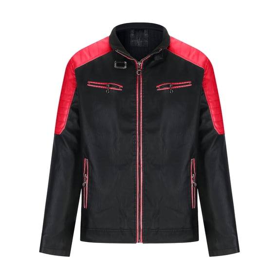 FRSASU Men's Casual Leather Jackets Stand Collar PU Leather Motorcycle Zipper Coat Biker Red