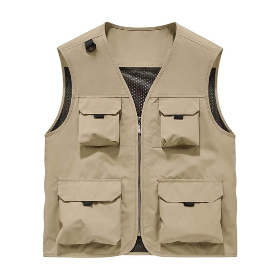 FRSASU Men's Casual Lightweight Outdoor Fishing Work Safari Travel Photo Cargo Vest Jacket Multi Pockets Khaki