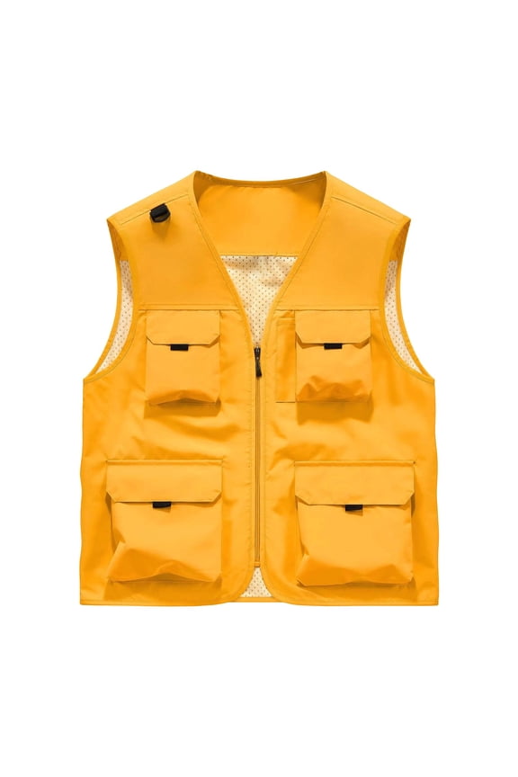 Men's Casual Lightweight Outdoor Fishing Work Safari Travel Photo Cargo Vest Jacket Multi Pockets Yellow