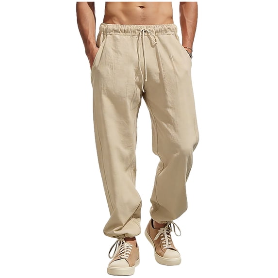FRSASU Men's Casual Linen Pants Loose Fit Elastic Waist Drawstring Lightweight Pant Summer Beach Trousers with Pockets Khaki